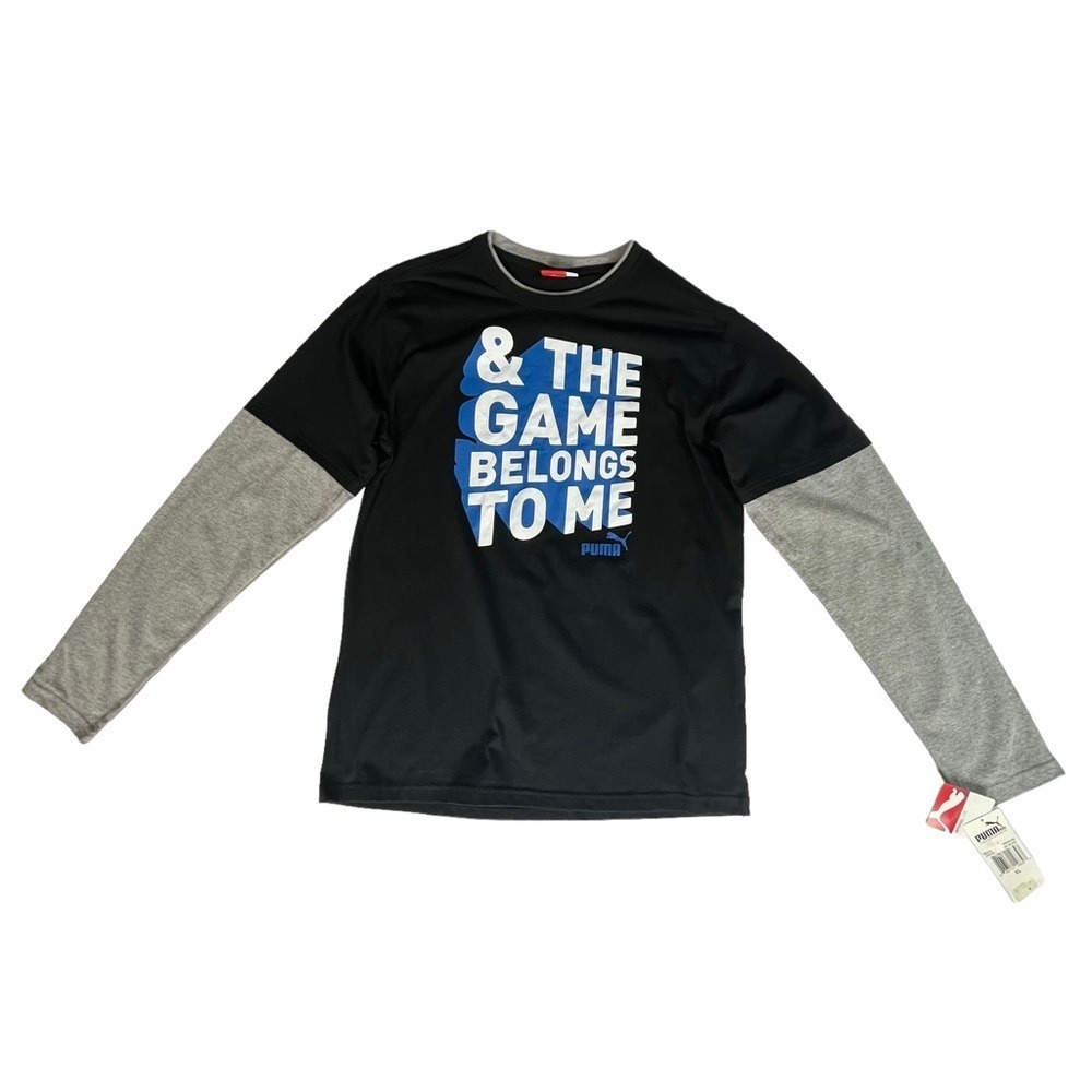 Puma T-Shirt Boys XL Black Grey Graphic Two Tone Short‎ Long Sleeve